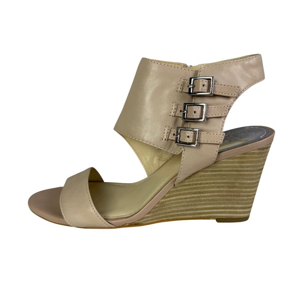 Vince Camuto Lyssia Leather Wedge Heels Open Toe Sandals Tan US 8.5 EU 38.5 - Picture 1 of 8